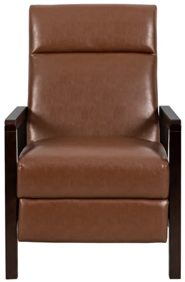Ennie Pushback Recliner, Compact, Rubberwood, Light Brown Faux Leather - Benzara