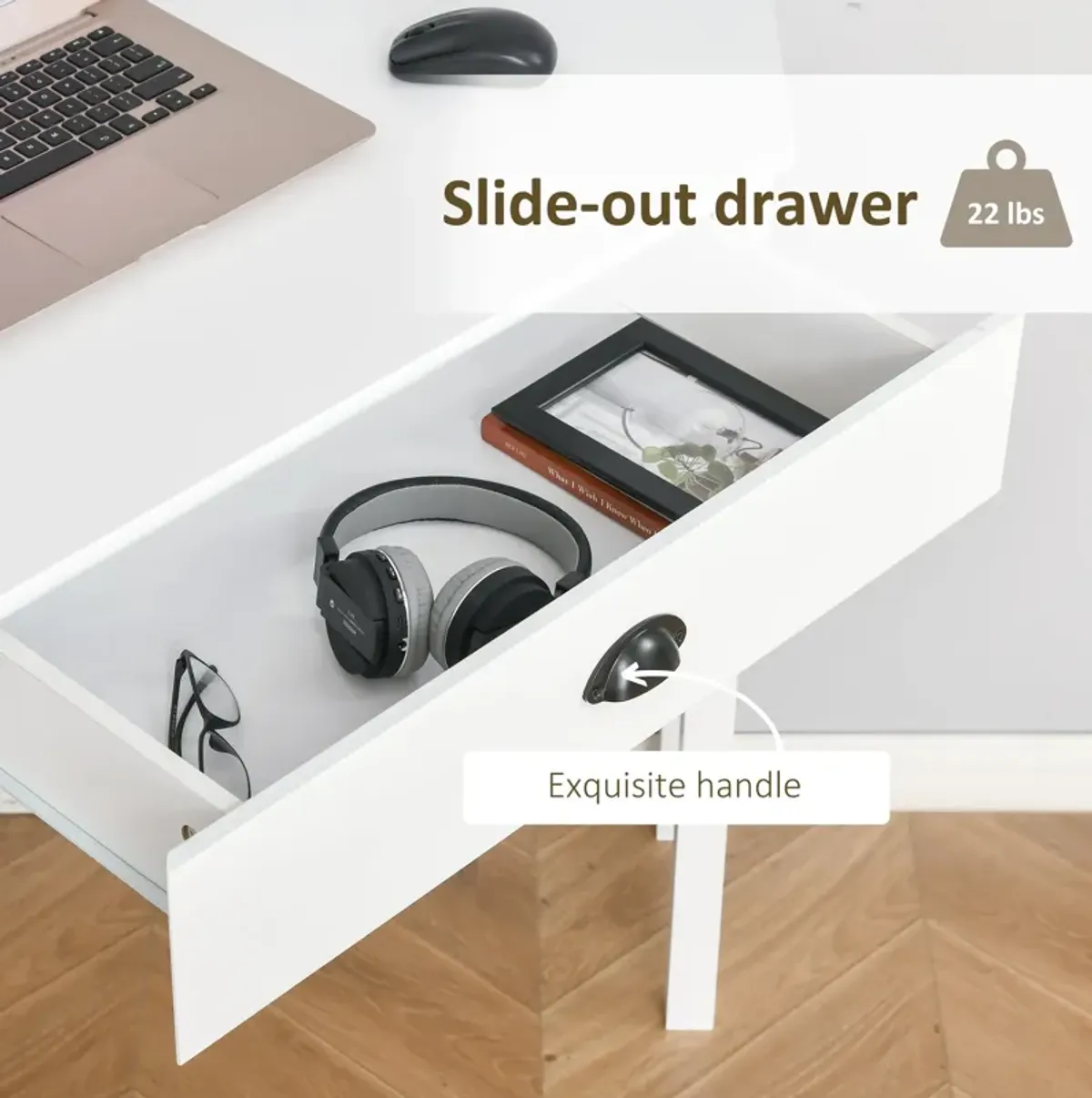 White Compact Desk: Small Corner Workstation with Drawer and Shelves