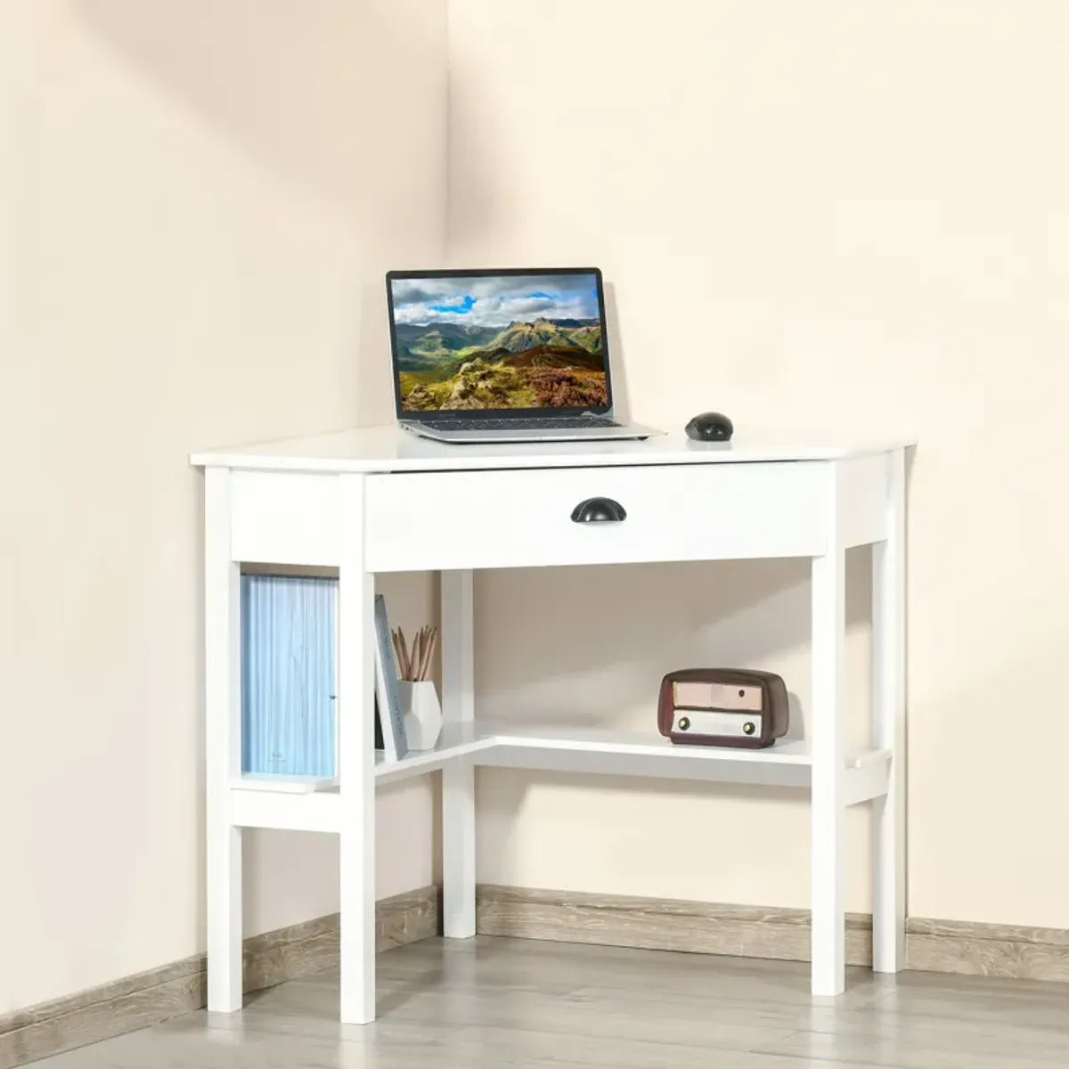 White Compact Desk: Small Corner Workstation with Drawer and Shelves