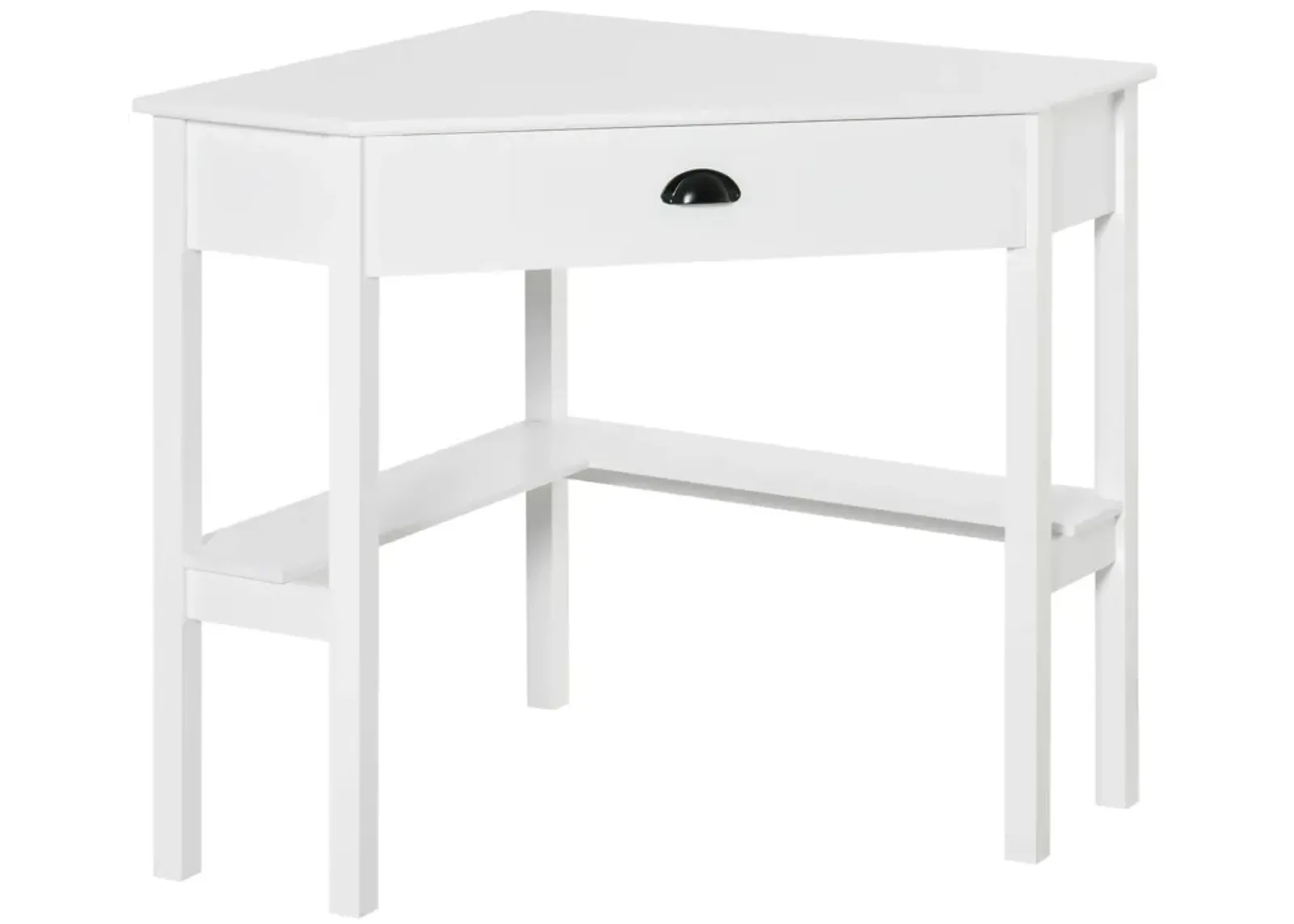 White Compact Desk: Small Corner Workstation with Drawer and Shelves