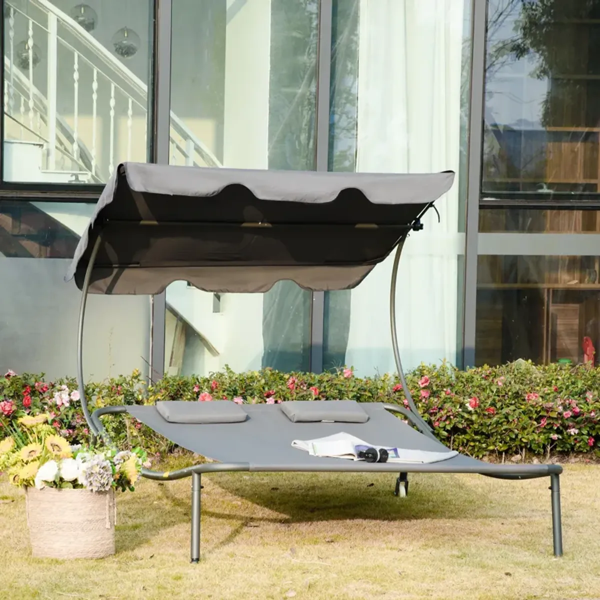 Adjustable Sun Bed: Wheeled Chaise Lounge with Canopy