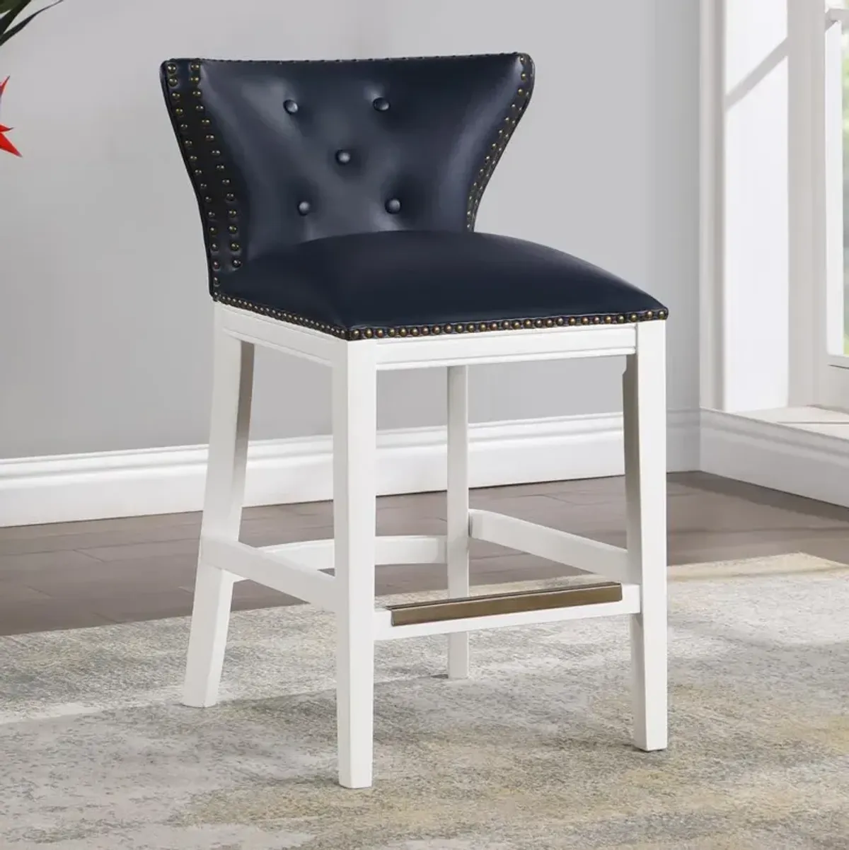 Comfort Pointe Marco Midnight Blue Faux Leather and White Wood Counter Stool