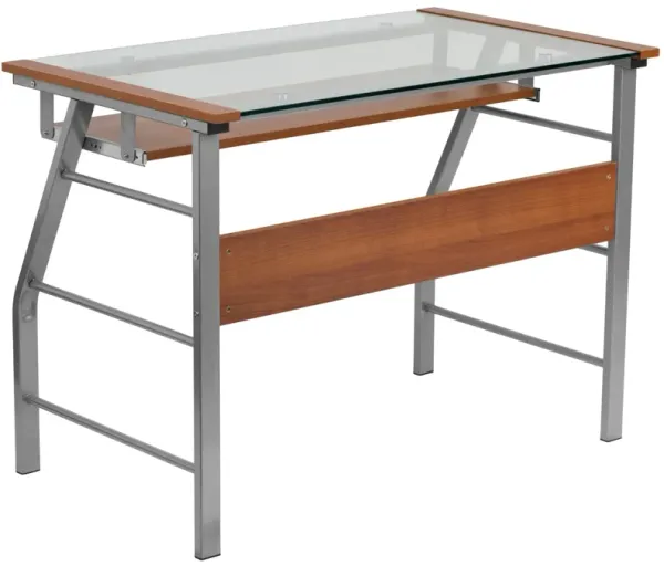 Flash Furniture Tremont Glass Computer Desk with Pull-Out Keyboard Tray and Bowed Front Frame, Clear/Silver, Set of 1