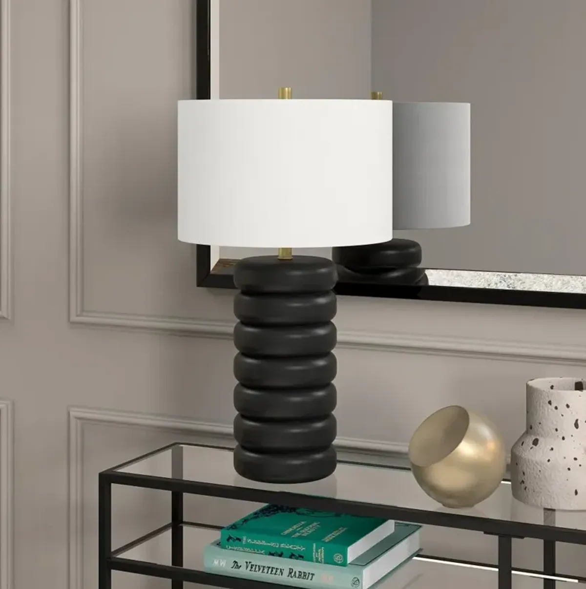 Hivvago 25" Black Ceramic Table Lamp With White Drum Shade