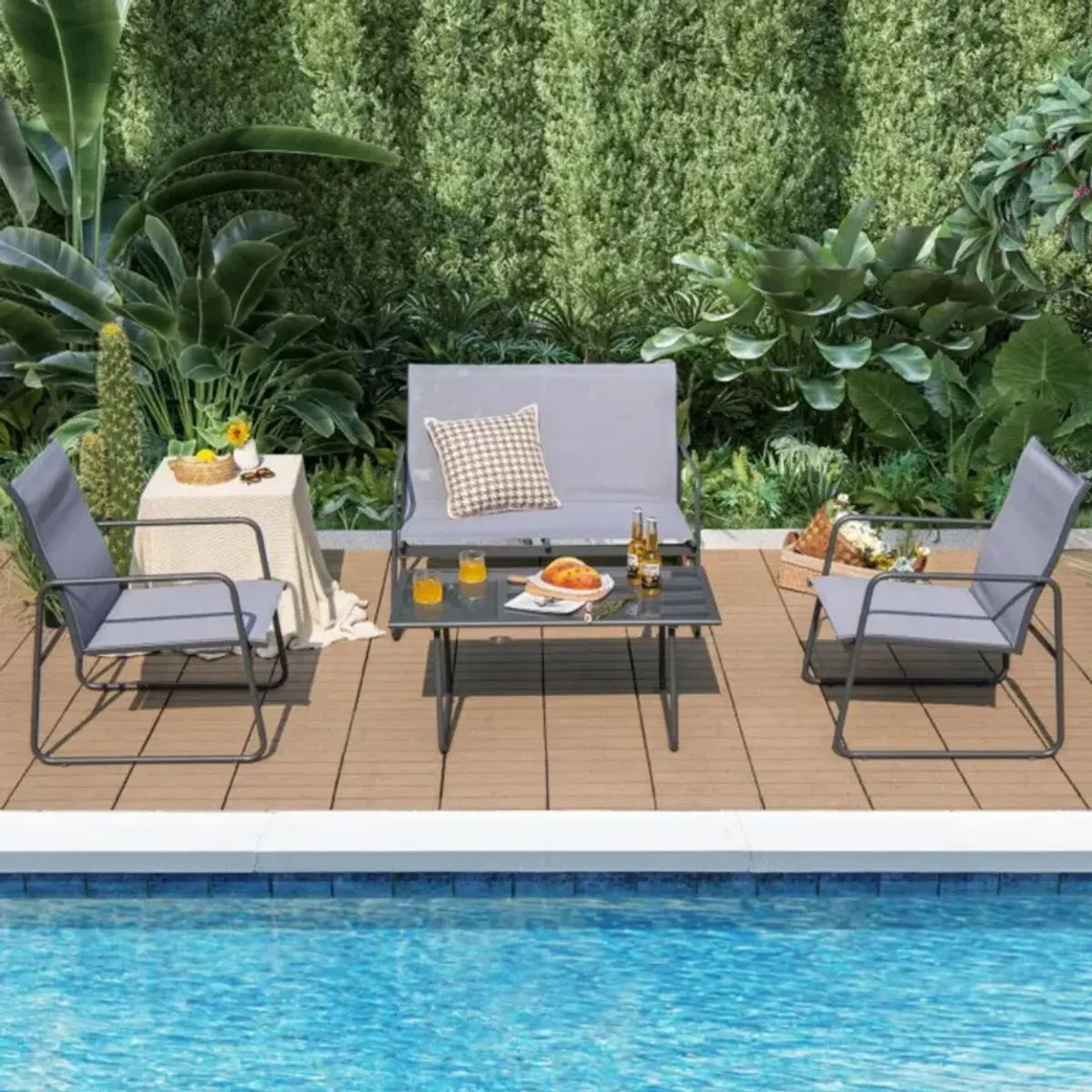 Hivvago 4 Pieces of Metal Patio Furniture Chat Set with Tempered Glass Coffee Table