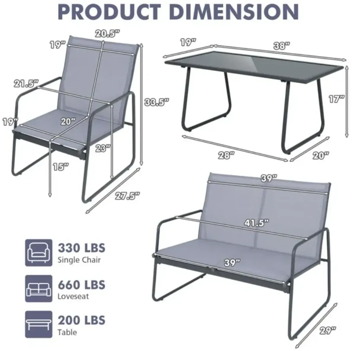 Hivvago 4 Pieces of Metal Patio Furniture Chat Set with Tempered Glass Coffee Table