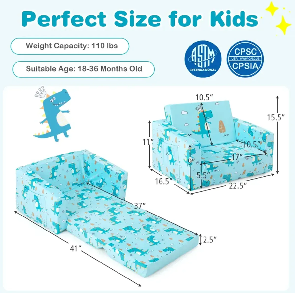 Kids Recliner Sofa Converts to Sleeper Bed for Boys Girls-Blue