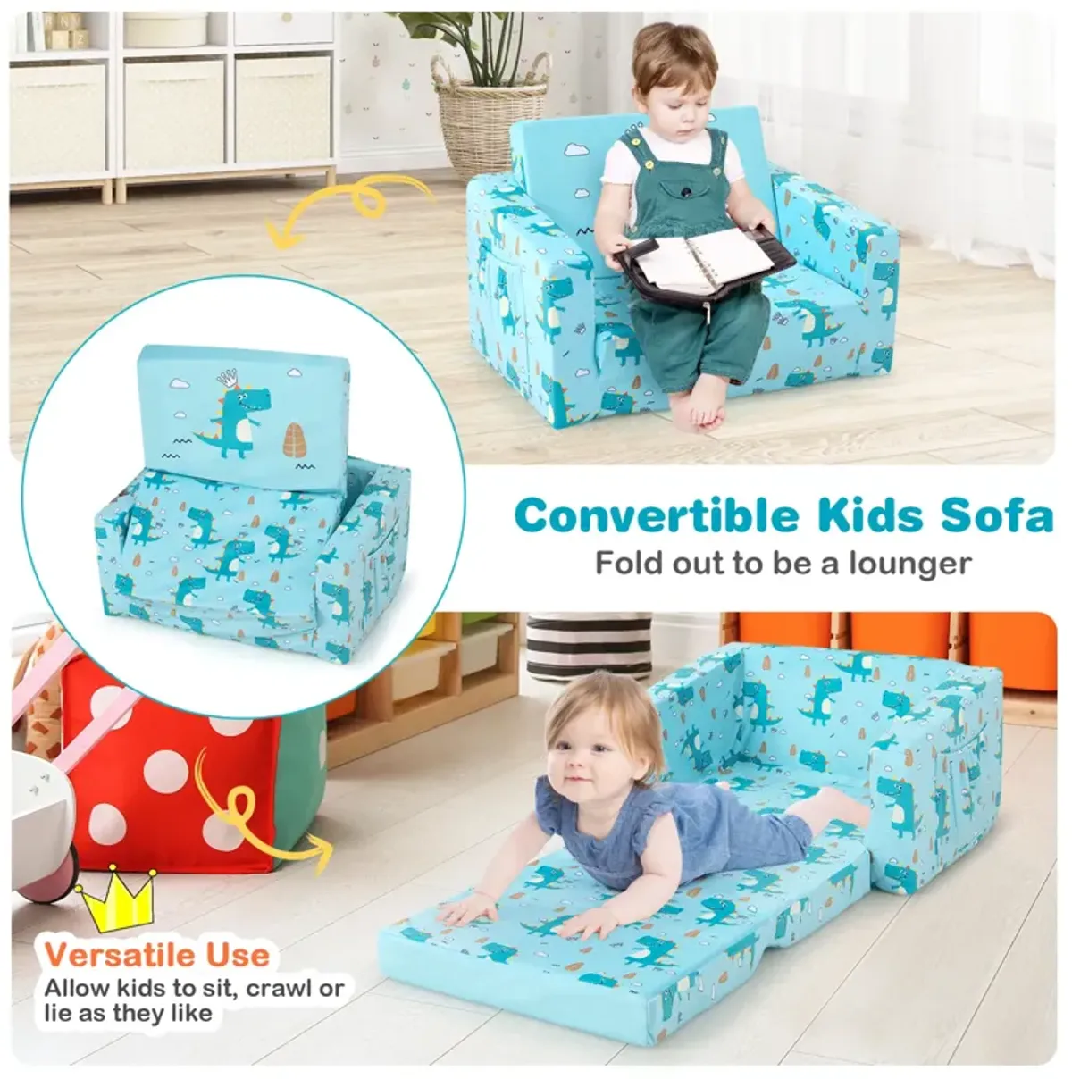 Kids Recliner Sofa Converts to Sleeper Bed for Boys Girls-Blue