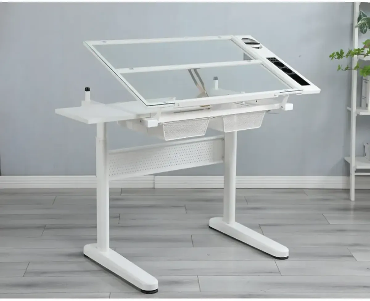 Hand Crank Adjustable Drafting Table Drawing Desk With 2 Metal Drawers (White)With Stool