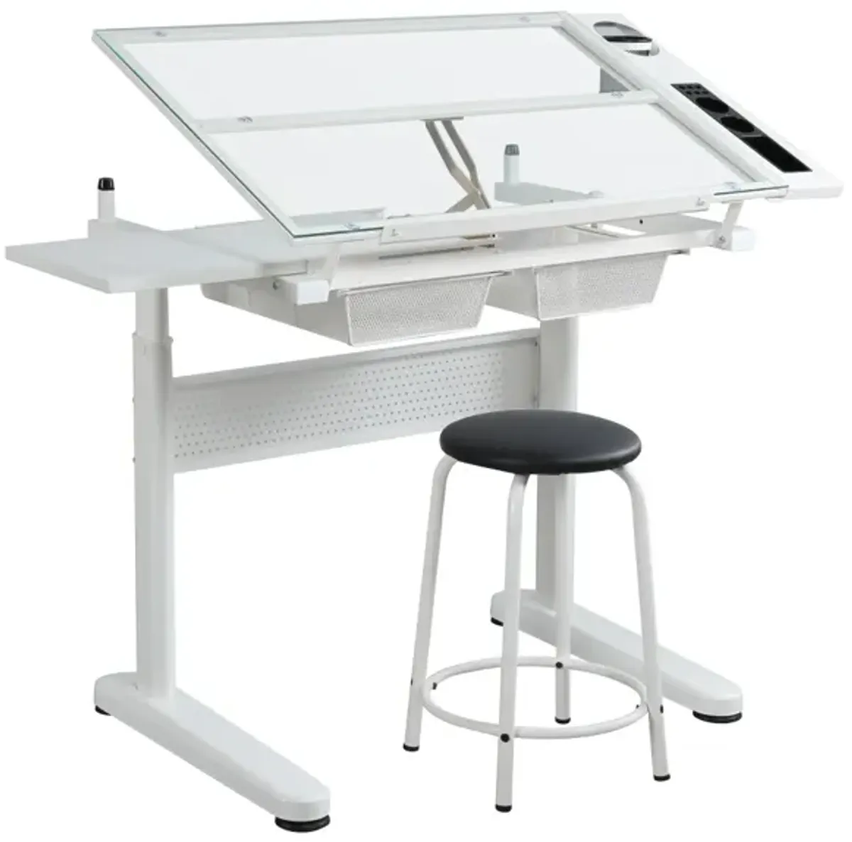 Hand Crank Adjustable Drafting Table Drawing Desk With 2 Metal Drawers (White)With Stool