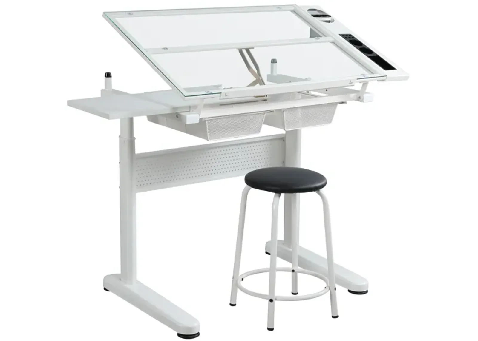 Hand Crank Adjustable Drafting Table Drawing Desk With 2 Metal Drawers (White)With Stool