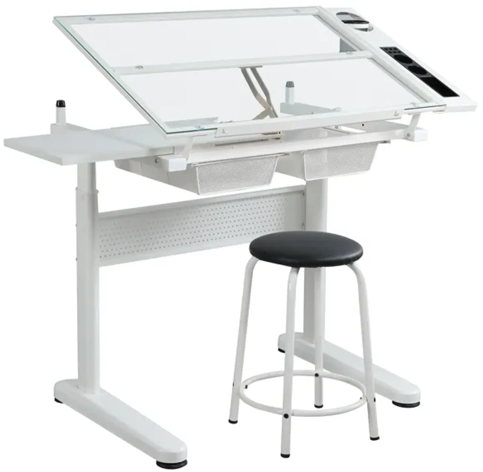 Hand Crank Adjustable Drafting Table Drawing Desk With 2 Metal Drawers (White)With Stool