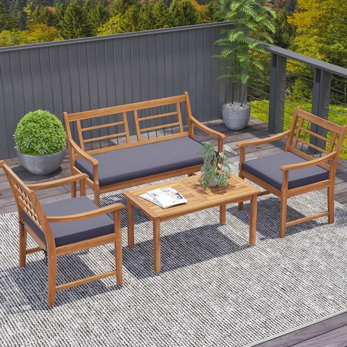 4 Piece Wood Patio Furniture with Armchairs Loveseat and Coffee Table