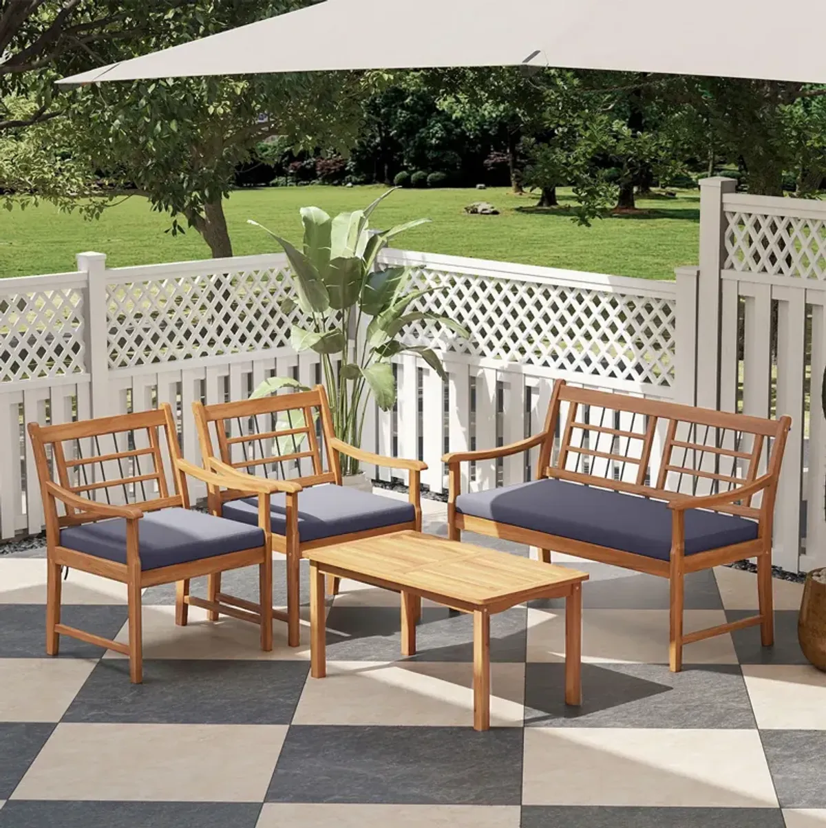 4 Piece Wood Patio Furniture with Armchairs Loveseat and Coffee Table