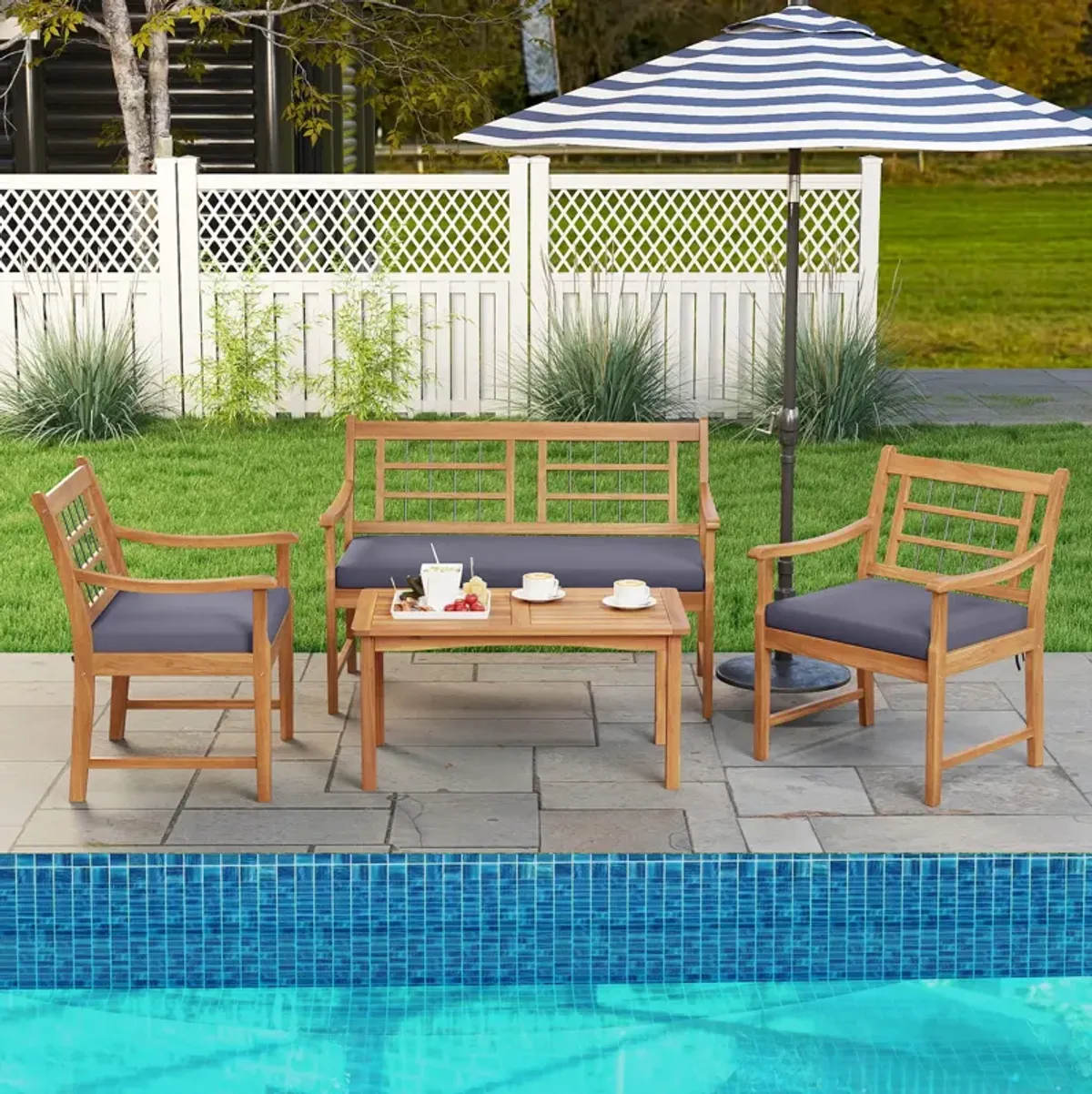 4 Piece Wood Patio Furniture with Armchairs Loveseat and Coffee Table