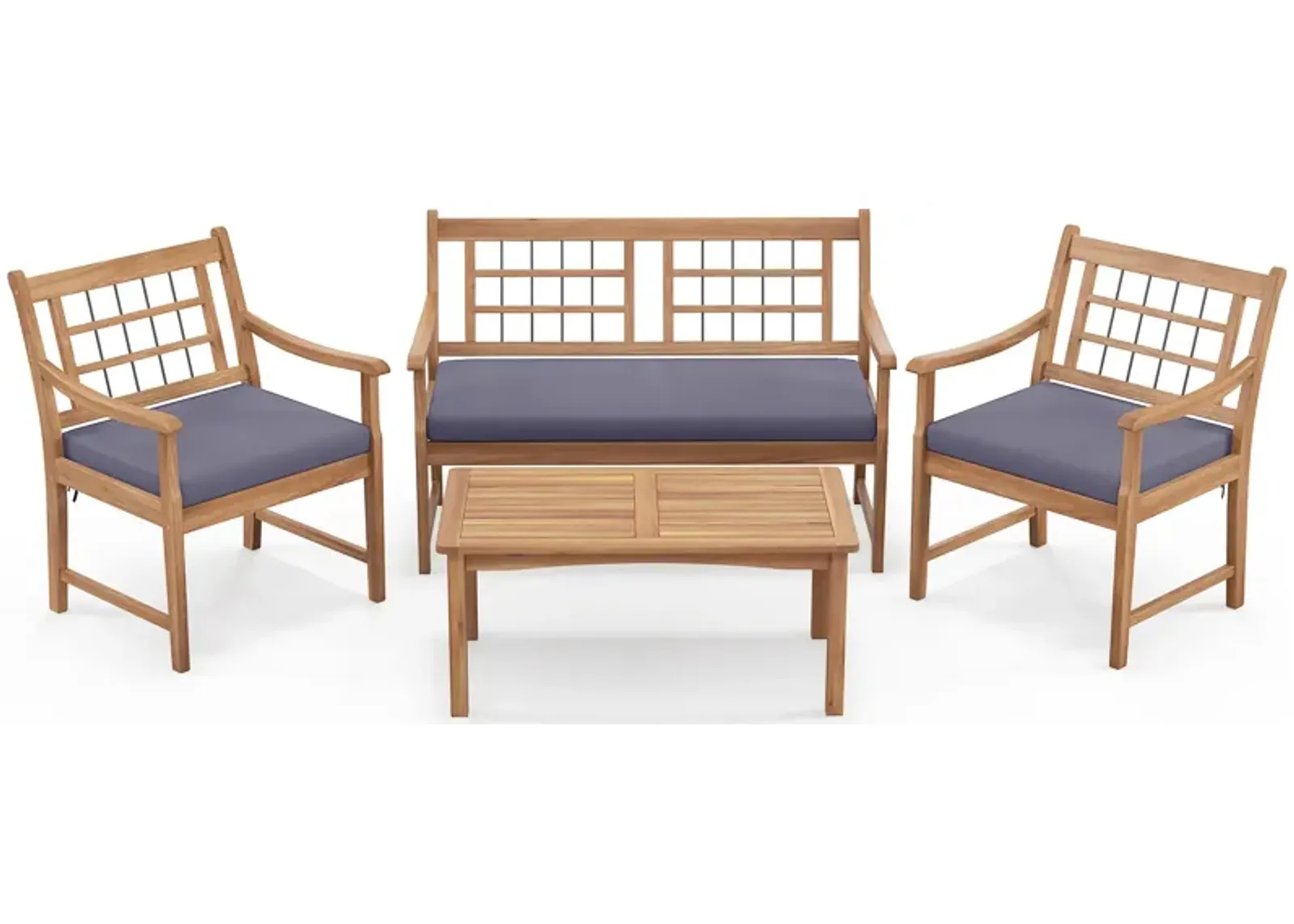 4 Piece Wood Patio Furniture with Armchairs Loveseat and Coffee Table