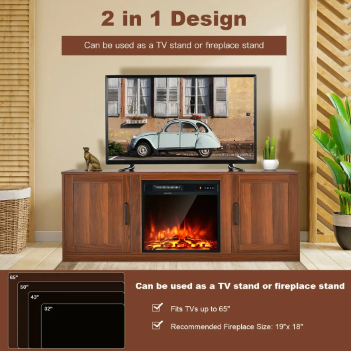 58 Inch TV Stand with 1500W Faux Fireplace for TVs up to 65 Inch