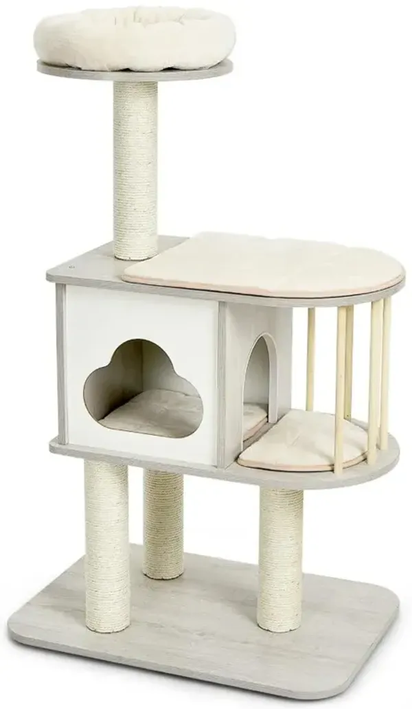 46 Inch Wooden Cat Activity Tree with Platform and Cushionsfor for Cats and Kittens