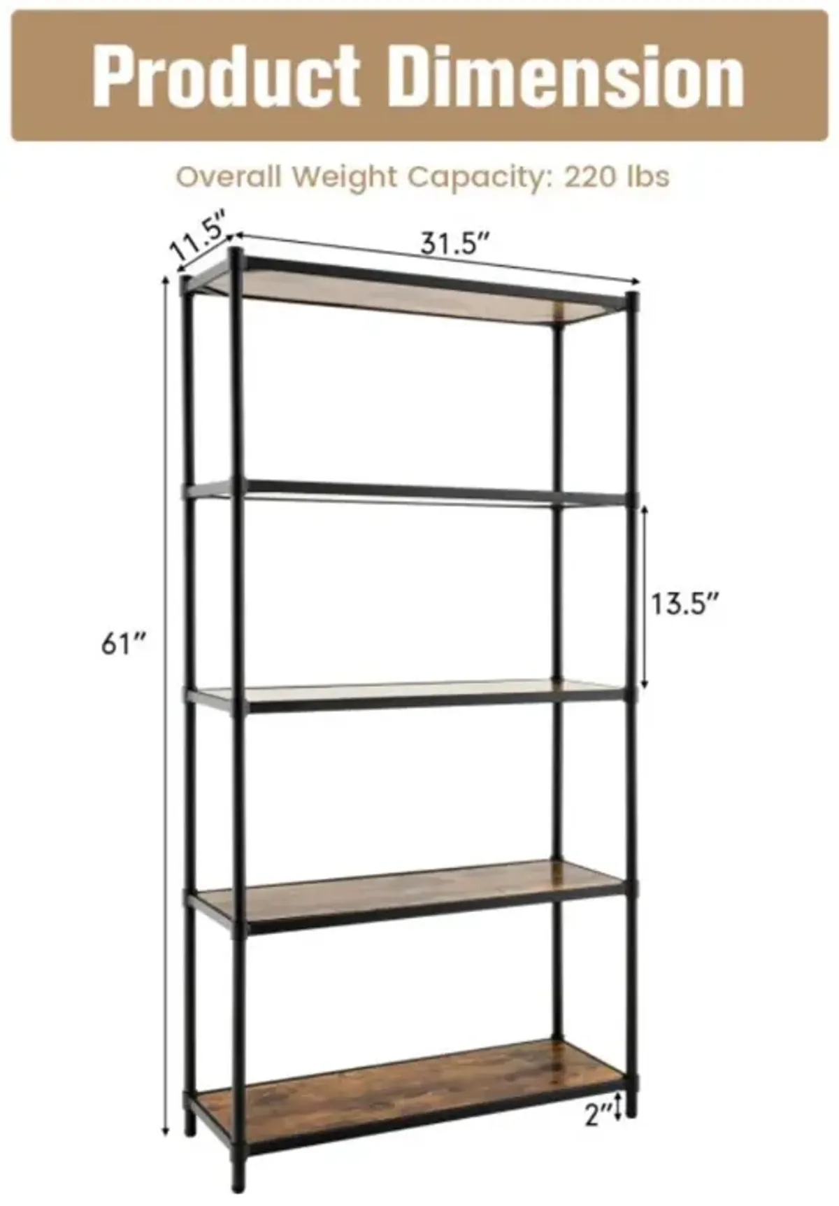 Hivvago 5 Tiers 61 Inch Multi-use Bookshelf with Metal Frame