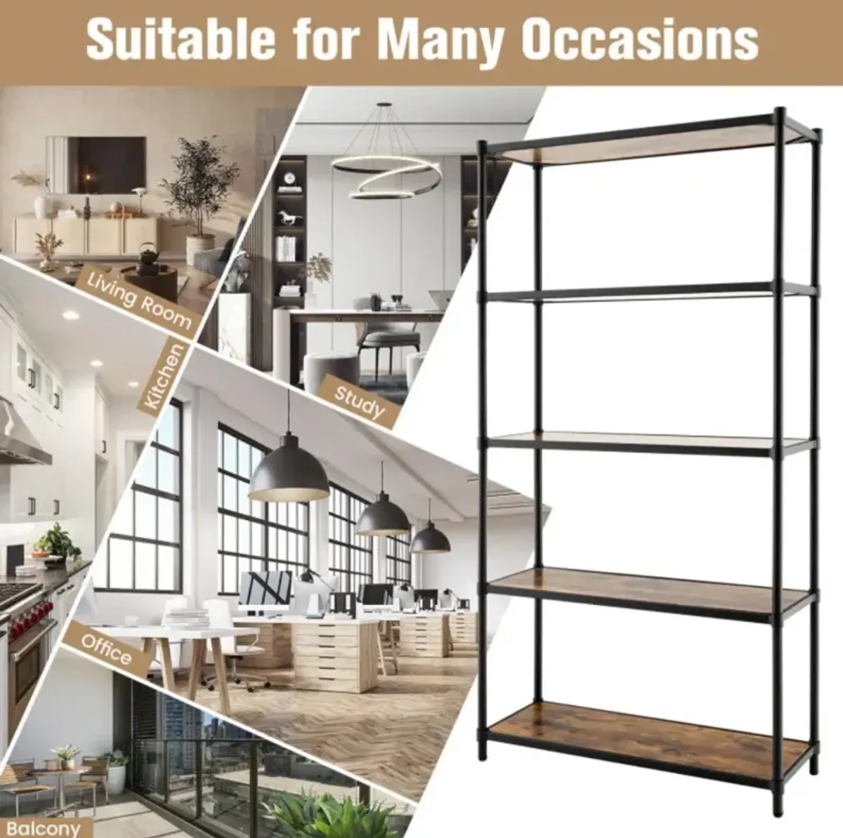 Hivvago 5 Tiers 61 Inch Multi-use Bookshelf with Metal Frame