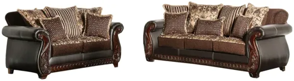 Lenira 2pc Sofa Loveseat Set, Brown Faux Leather, 5 Accent Pillows - Benzara