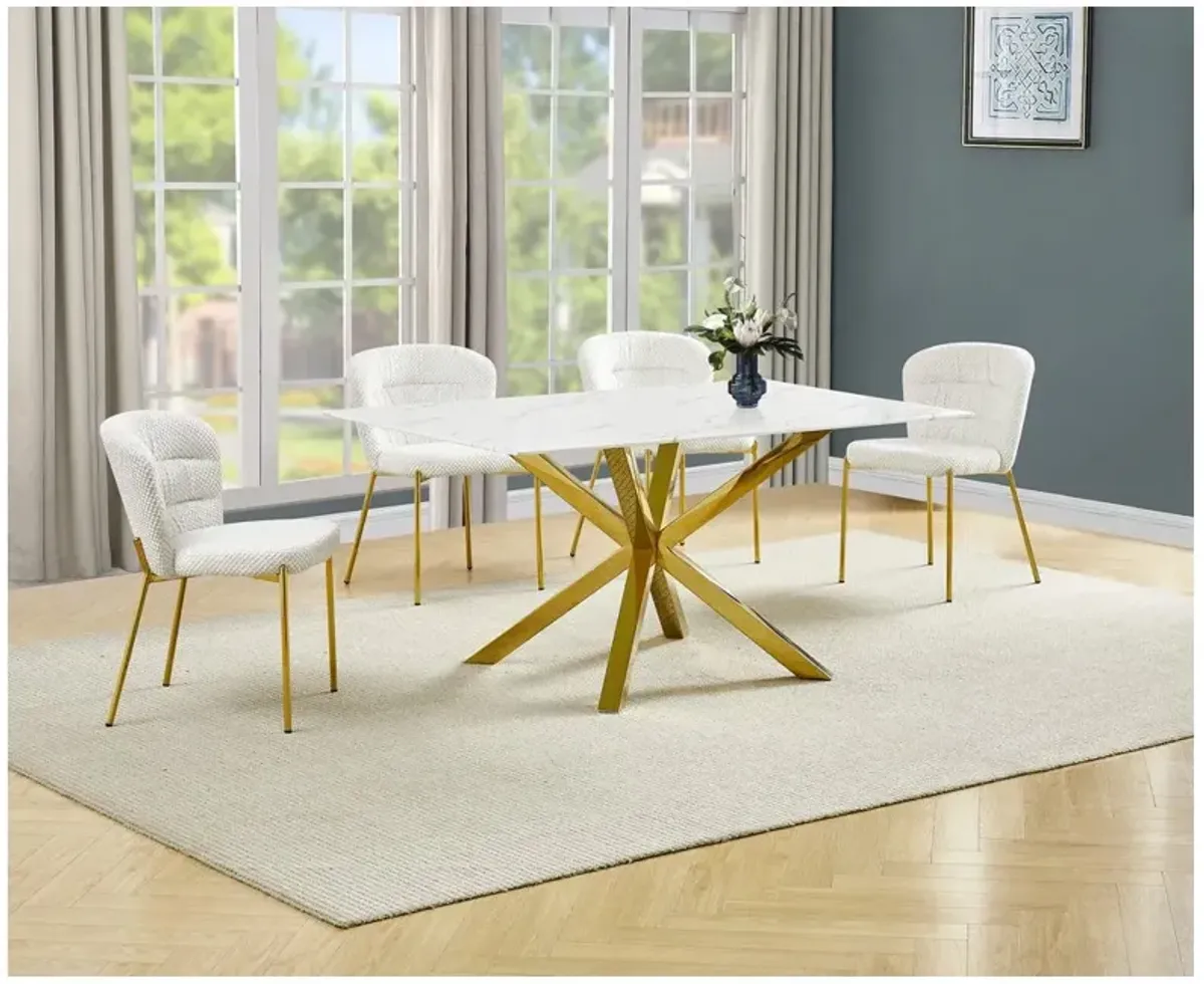 Best Quality Furniture Rectangle White Marble Wrap Glass Dining Table With 4 Cream Side Chairs