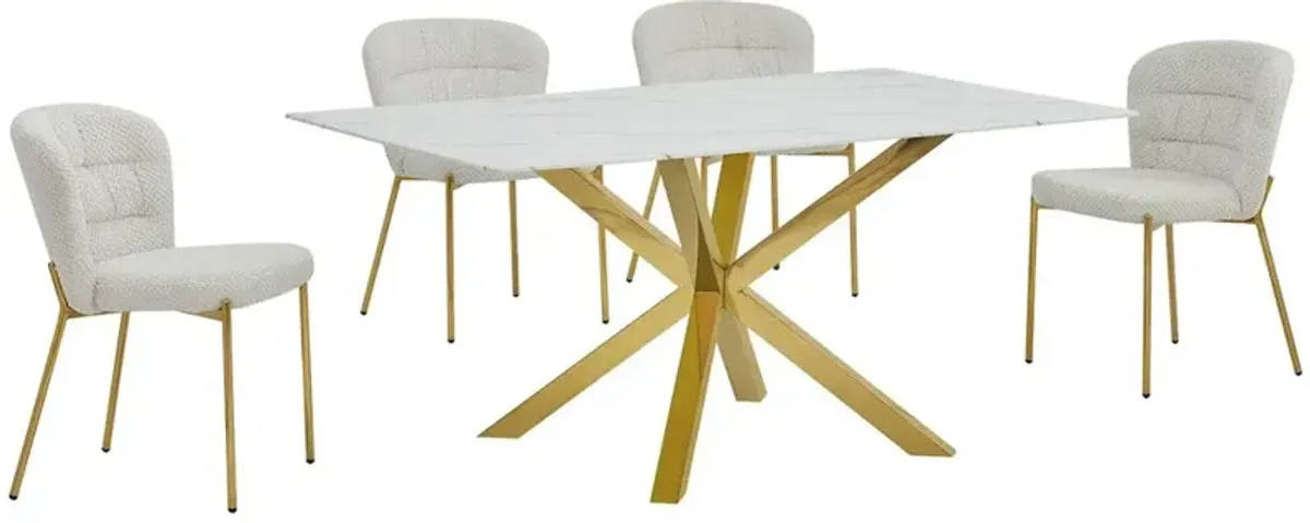 Best Quality Furniture Rectangle White Marble Wrap Glass Dining Table With 4 Cream Side Chairs