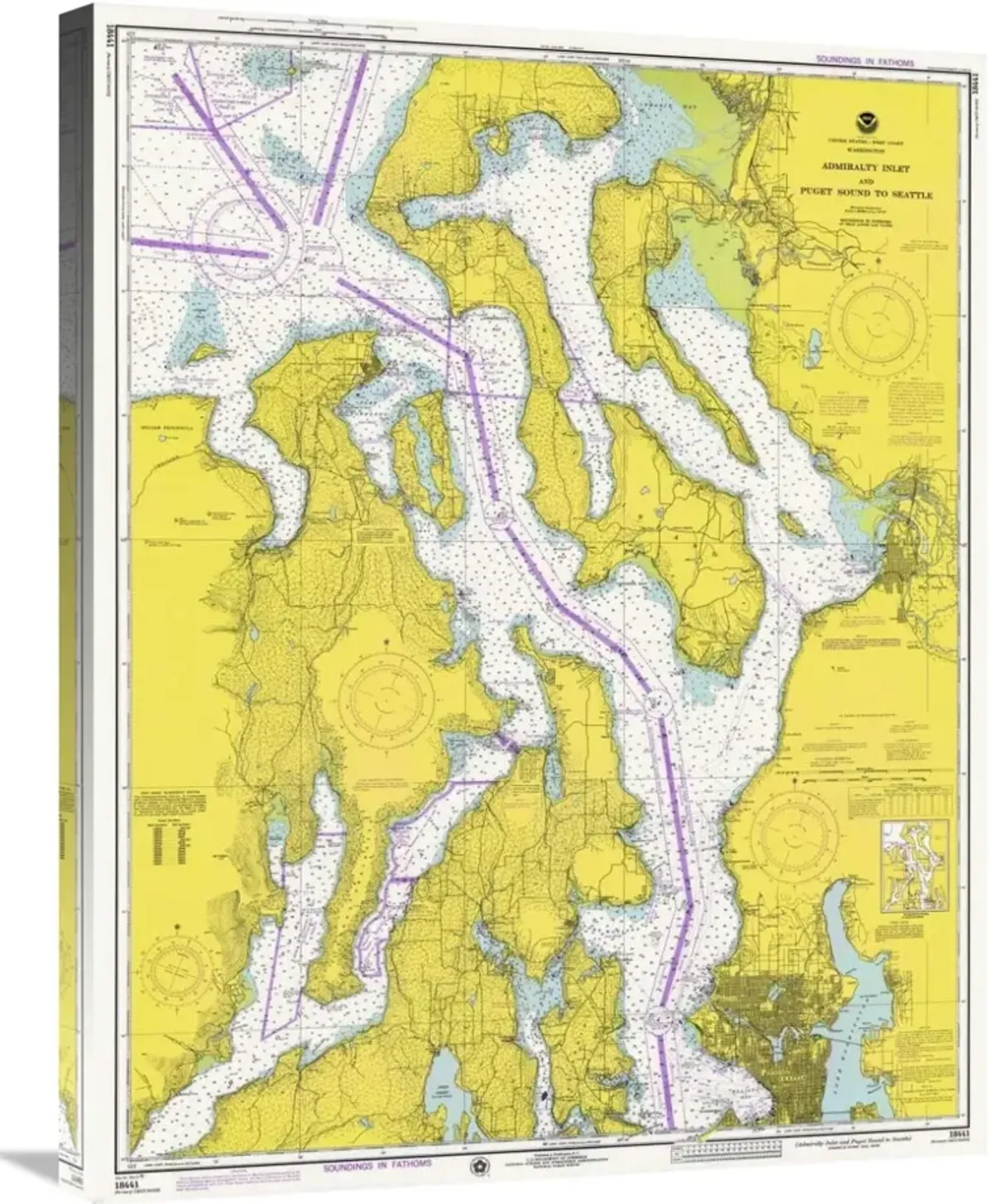 Nautical Chart - Admiralty Inlet and Puget Sound to Seattle ca. 1975-Canvas Art-23.7x30