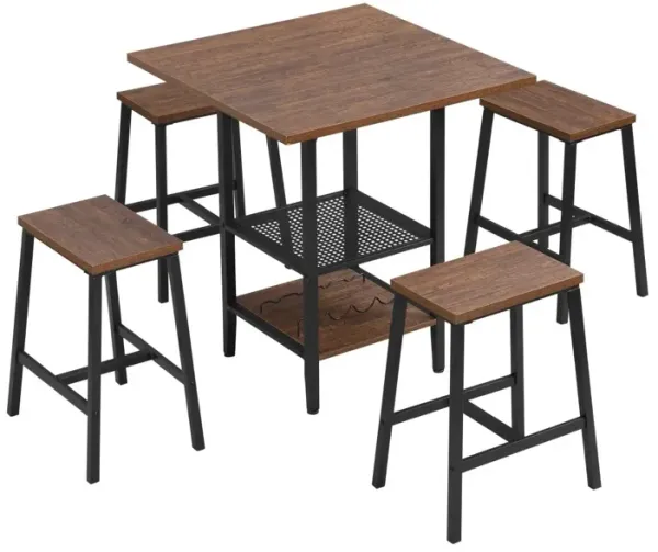5 Piece Bar Table Set with Stools and Shelves