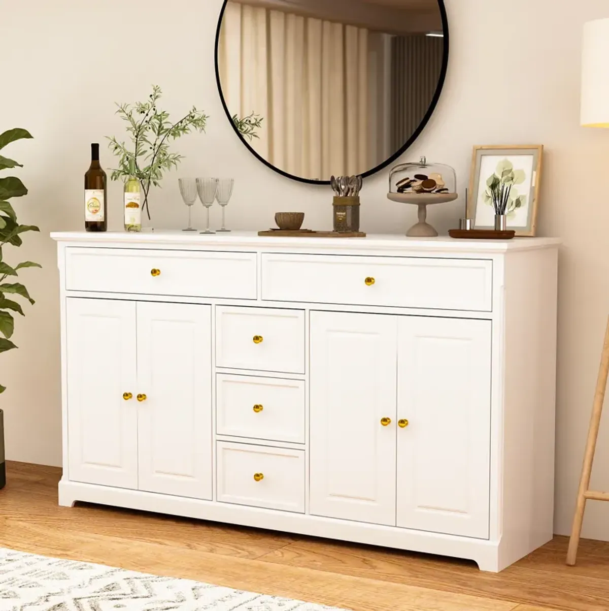 White Wooden Sideboard with 2 Large Drawers, 3 Small Drawers and 2 Cabinets 59.1 in. W 33.5 in. H x 15.7 in. D