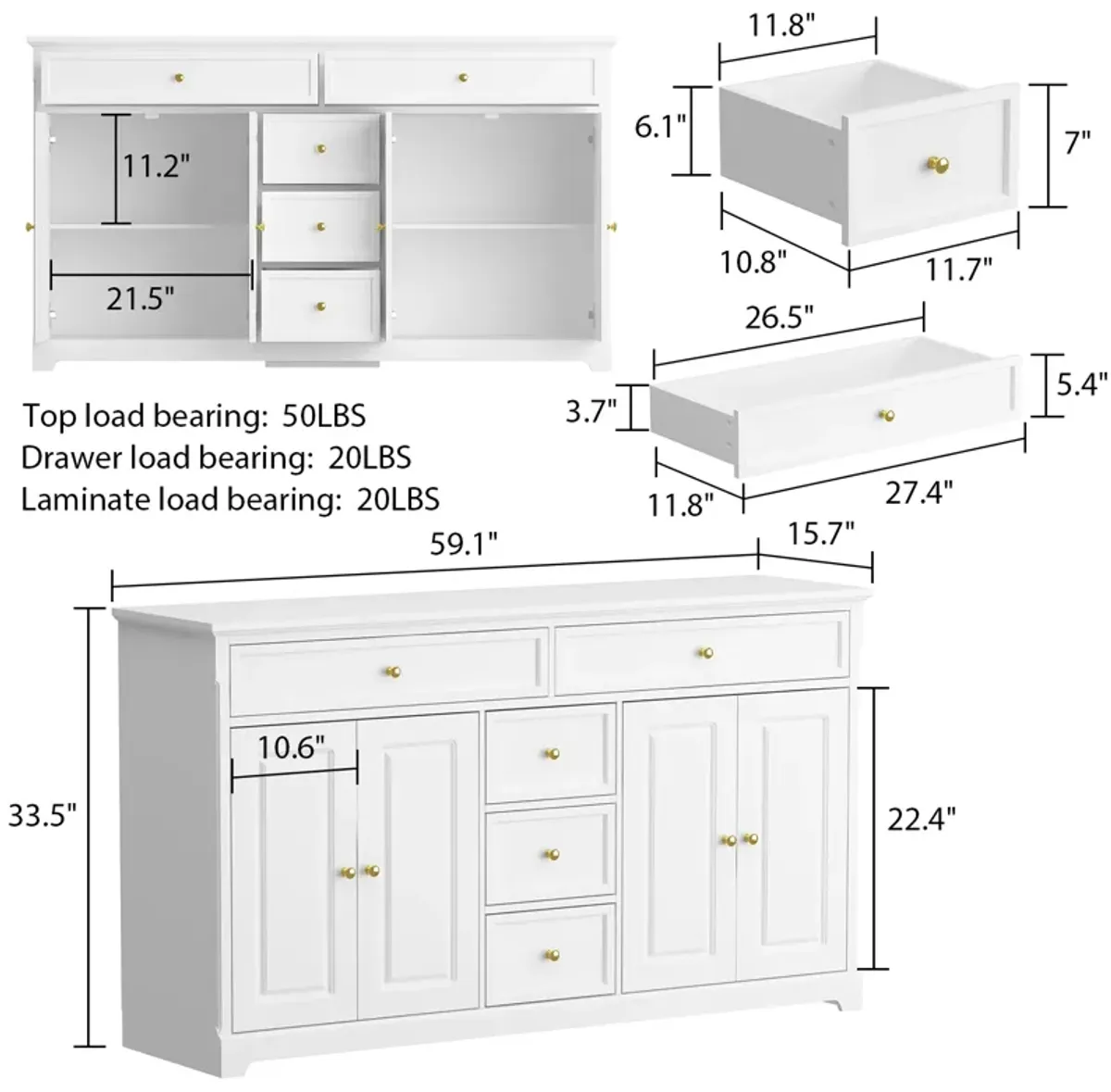 White Wooden Sideboard with 2 Large Drawers, 3 Small Drawers and 2 Cabinets 59.1 in. W 33.5 in. H x 15.7 in. D