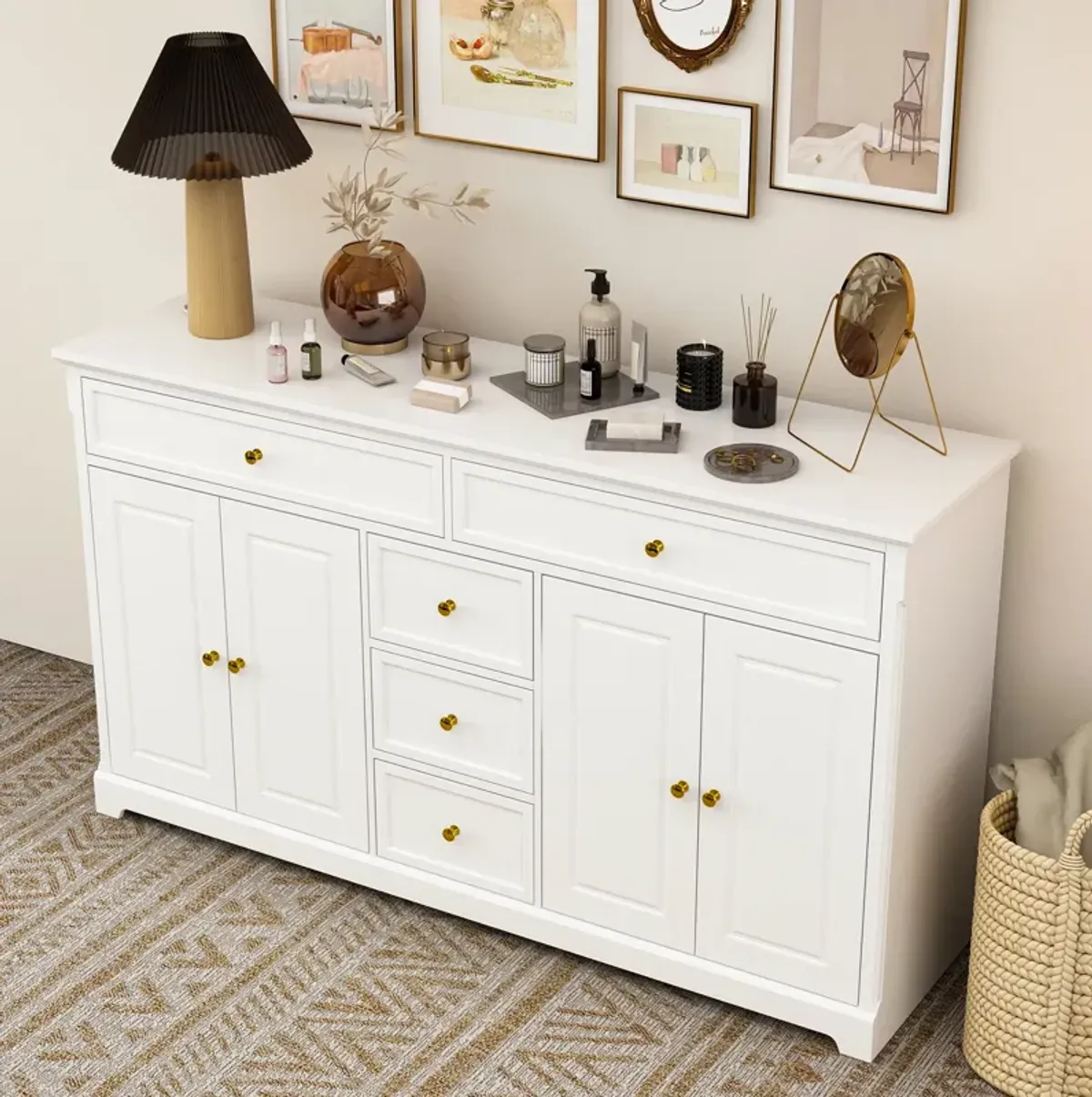 White Wooden Sideboard with 2 Large Drawers, 3 Small Drawers and 2 Cabinets 59.1 in. W 33.5 in. H x 15.7 in. D