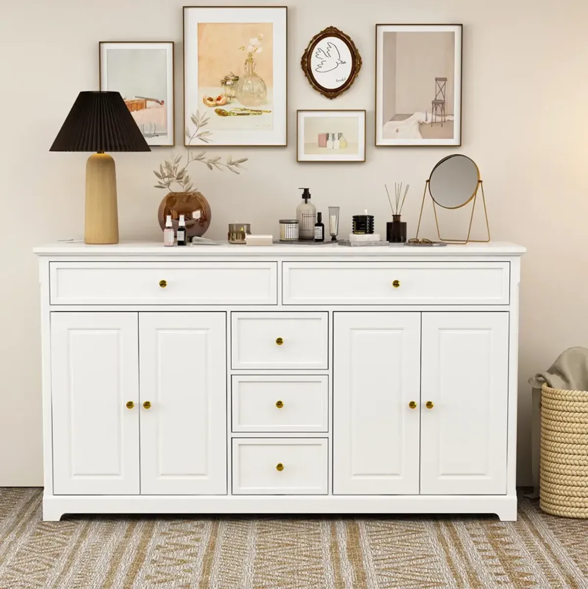 White Wooden Sideboard with 2 Large Drawers, 3 Small Drawers and 2 Cabinets 59.1 in. W 33.5 in. H x 15.7 in. D