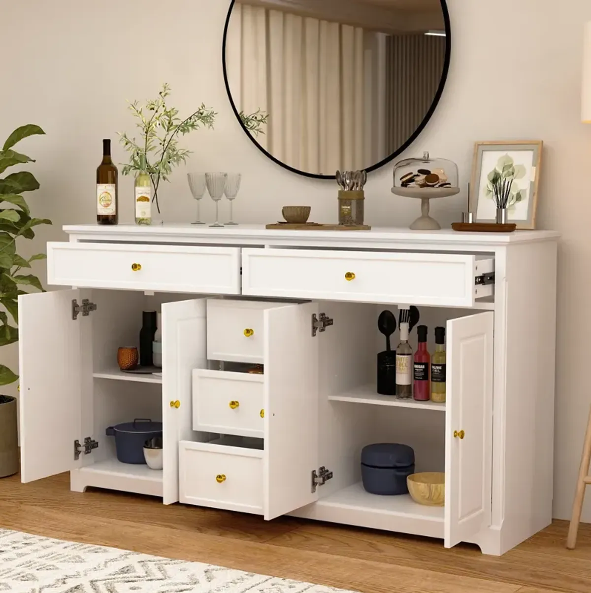 White Wooden Sideboard with 2 Large Drawers, 3 Small Drawers and 2 Cabinets 59.1 in. W 33.5 in. H x 15.7 in. D