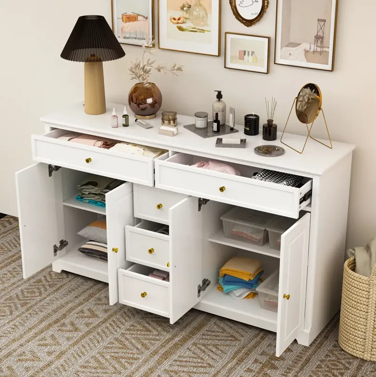 White Wooden Sideboard with 2 Large Drawers, 3 Small Drawers and 2 Cabinets 59.1 in. W 33.5 in. H x 15.7 in. D