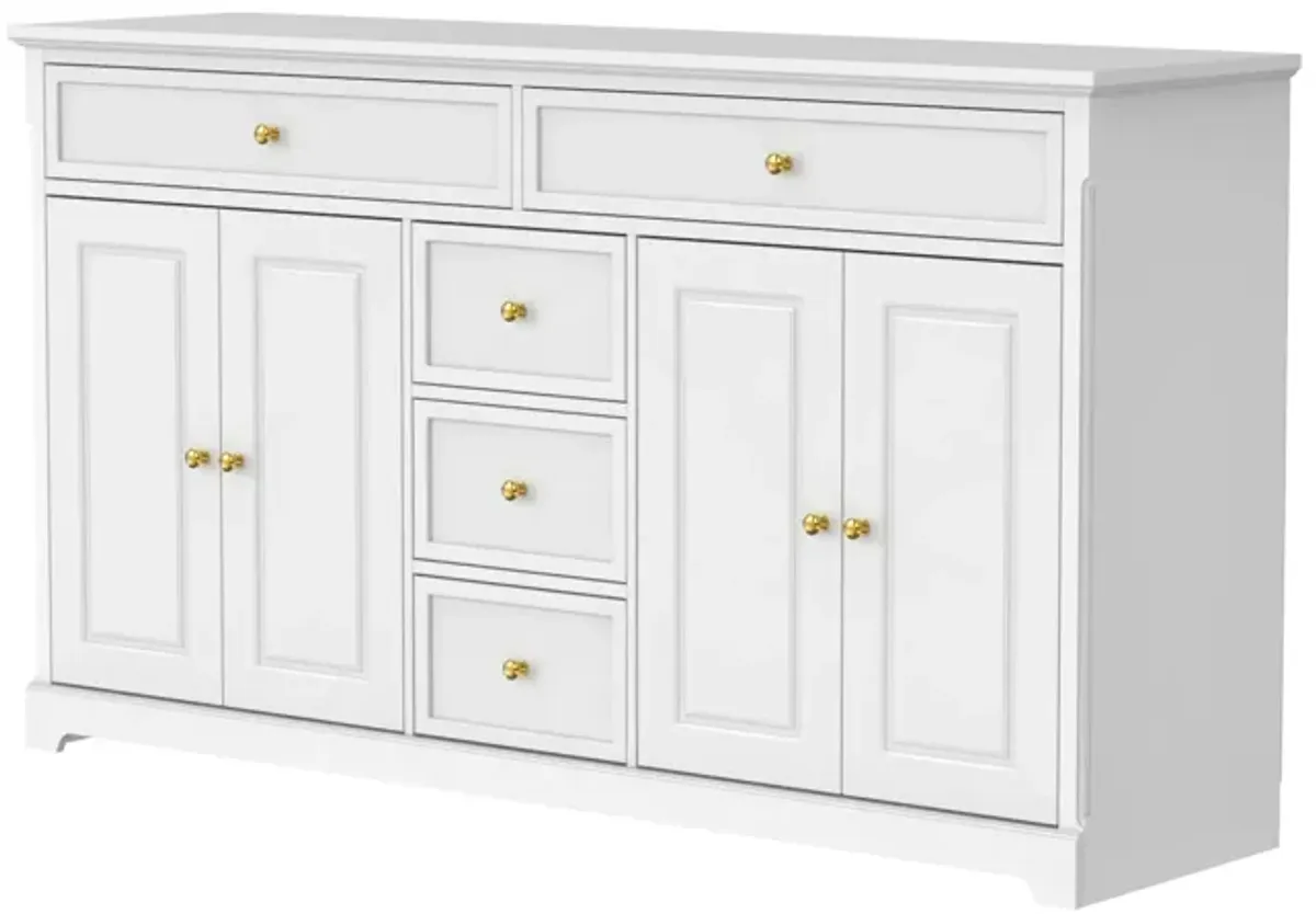 White Wooden Sideboard with 2 Large Drawers, 3 Small Drawers and 2 Cabinets 59.1 in. W 33.5 in. H x 15.7 in. D