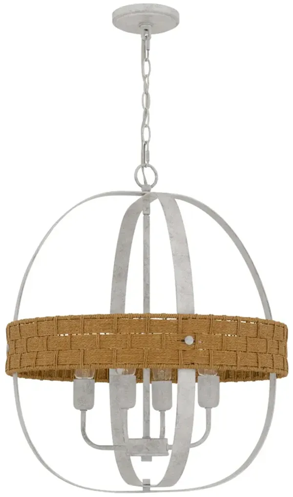 Baty Chandelier, 4 Light Rustic Rattan Round, White Metal 21 Inch - Benzara