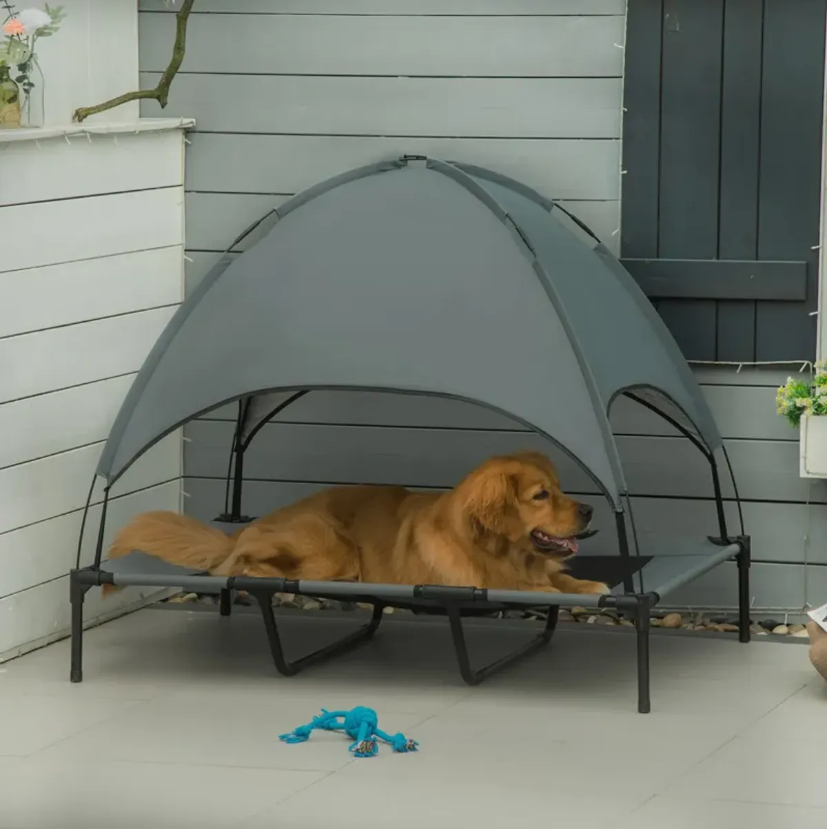 Shaded Canine Comfort: 48" Gray Elevated Dog Bed with UV Canopy