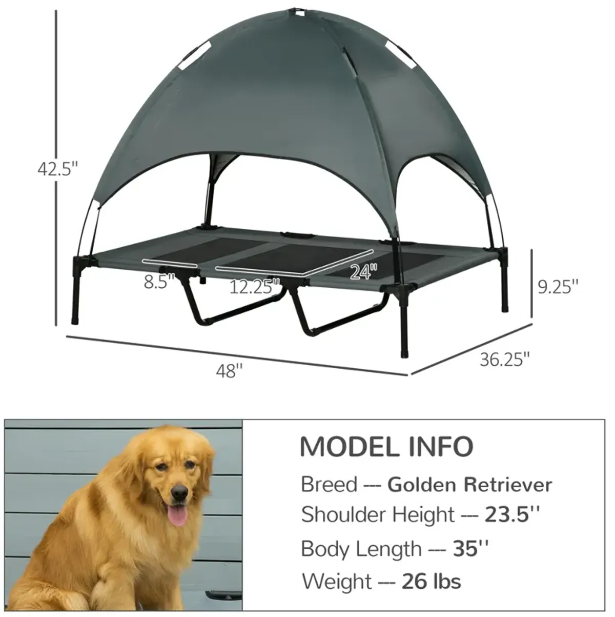 Shaded Canine Comfort: 48" Gray Elevated Dog Bed with UV Canopy