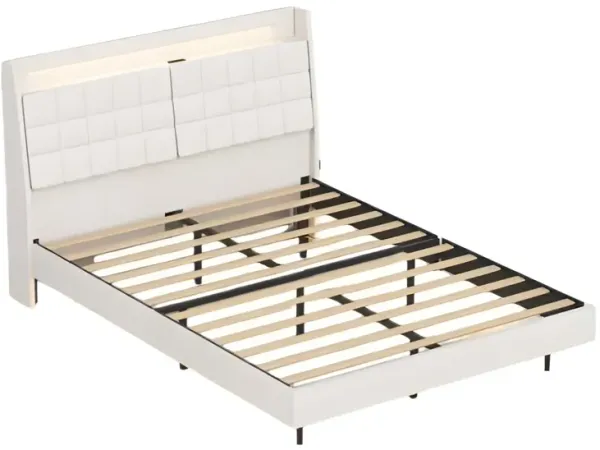 LED Floating Platform Bed Frame, Upholstered Headboard with Charging Station & Concealed Storage