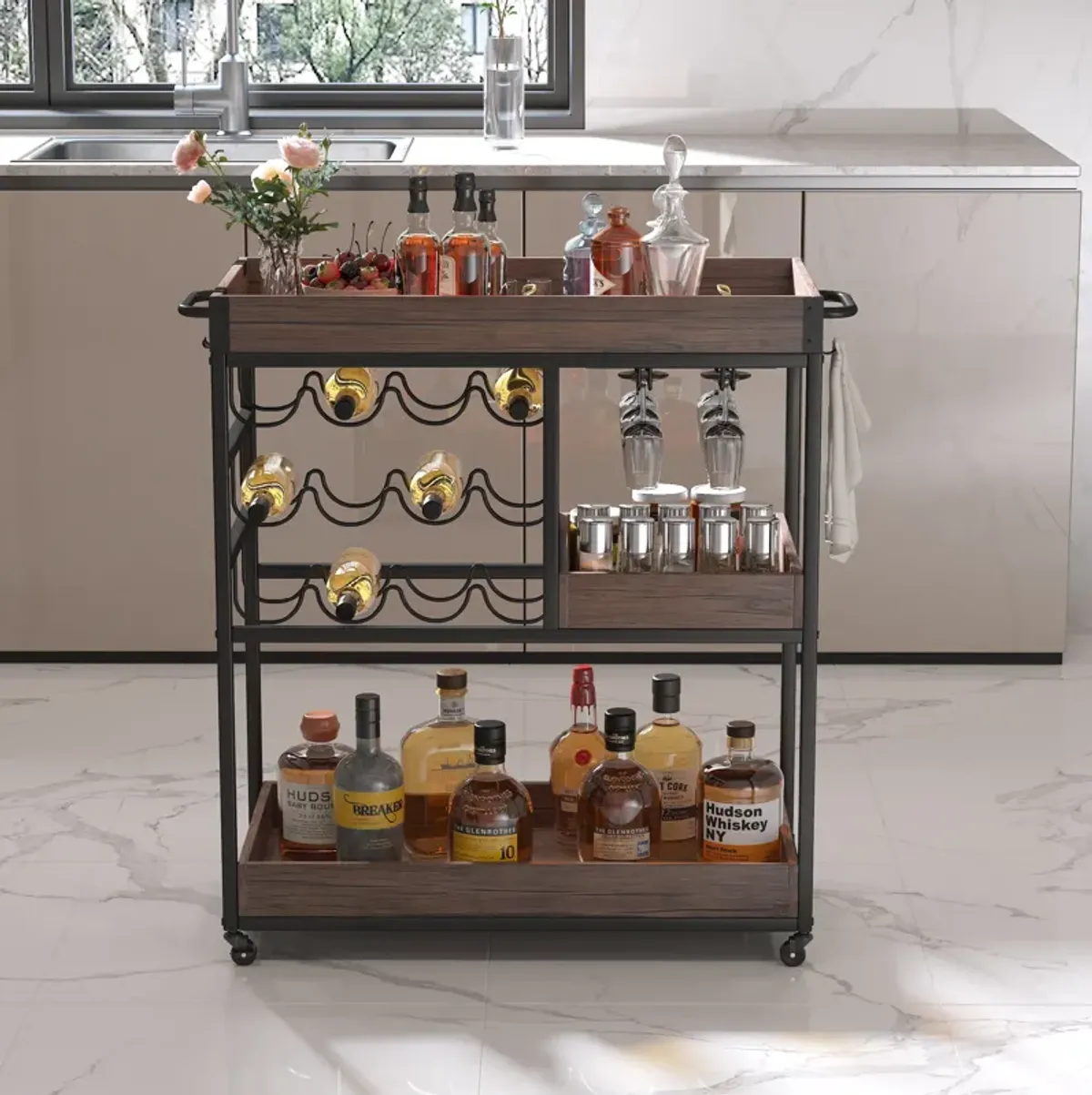 3 Tier Industrial Rolling Serving Cart with Lockable Wheels, Wine Rack Cart with Glass Holder for Indoor and Outdoor, Beverage Trolley cart with 2 Removable Tray