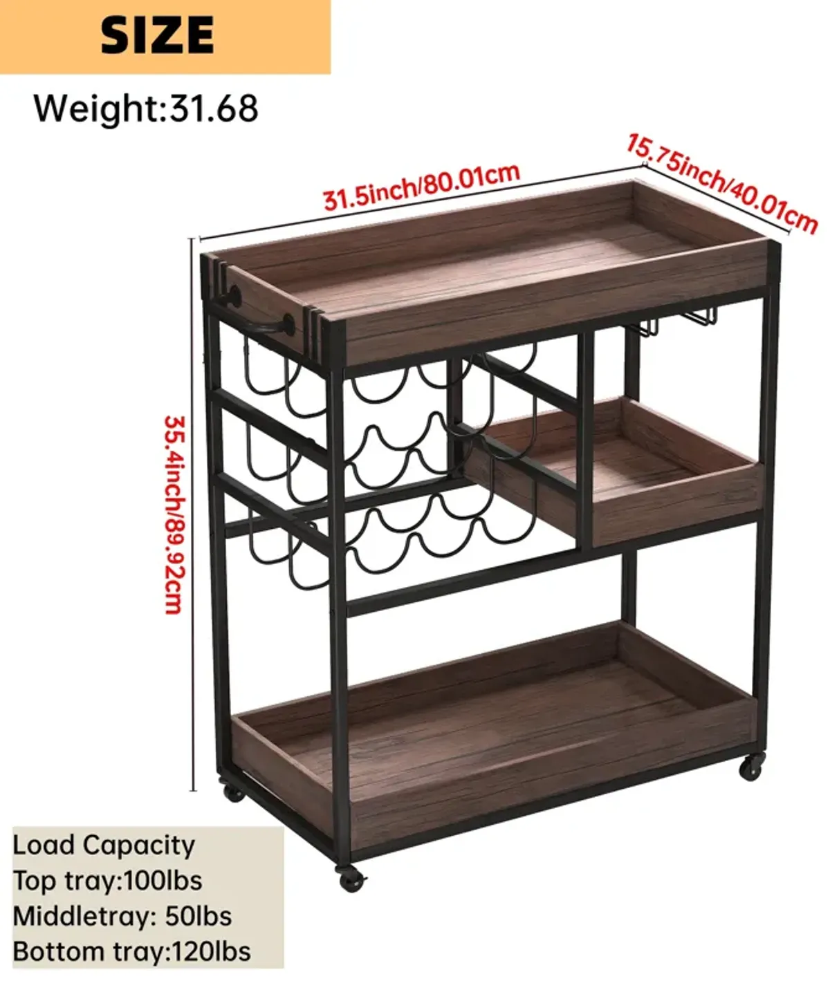 3 Tier Industrial Rolling Serving Cart with Lockable Wheels, Wine Rack Cart with Glass Holder for Indoor and Outdoor, Beverage Trolley cart with 2 Removable Tray