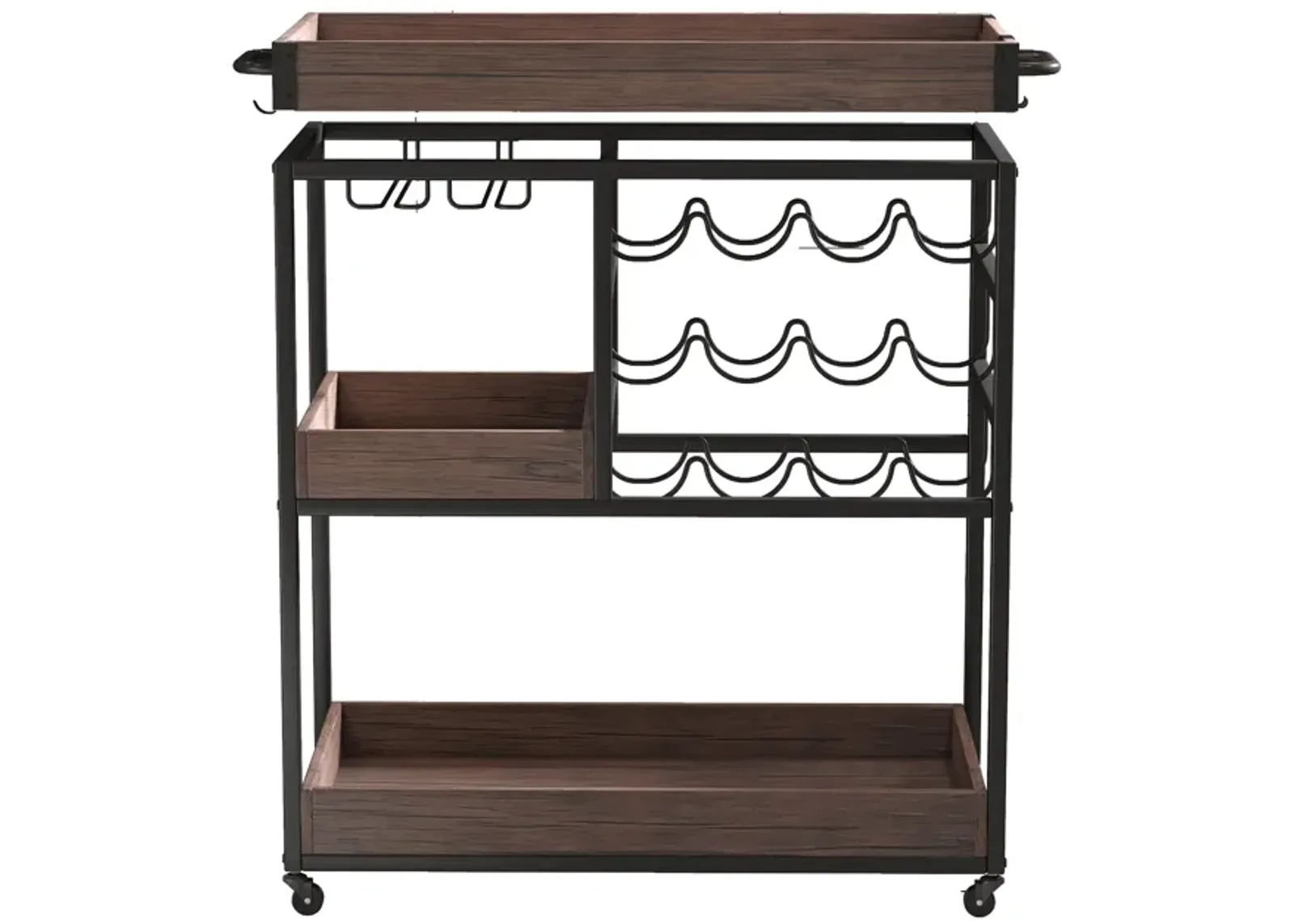 3 Tier Industrial Rolling Serving Cart with Lockable Wheels, Wine Rack Cart with Glass Holder for Indoor and Outdoor, Beverage Trolley cart with 2 Removable Tray