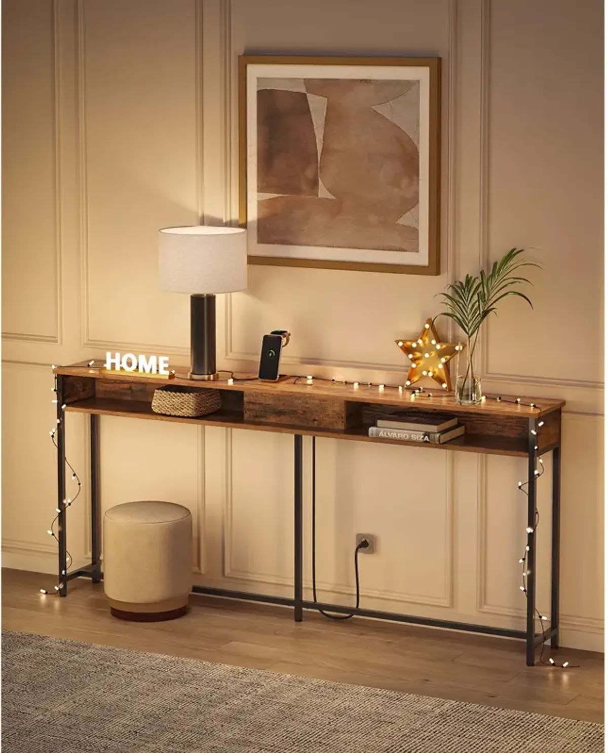 70 Inch Console Table with Outlet and Shelves