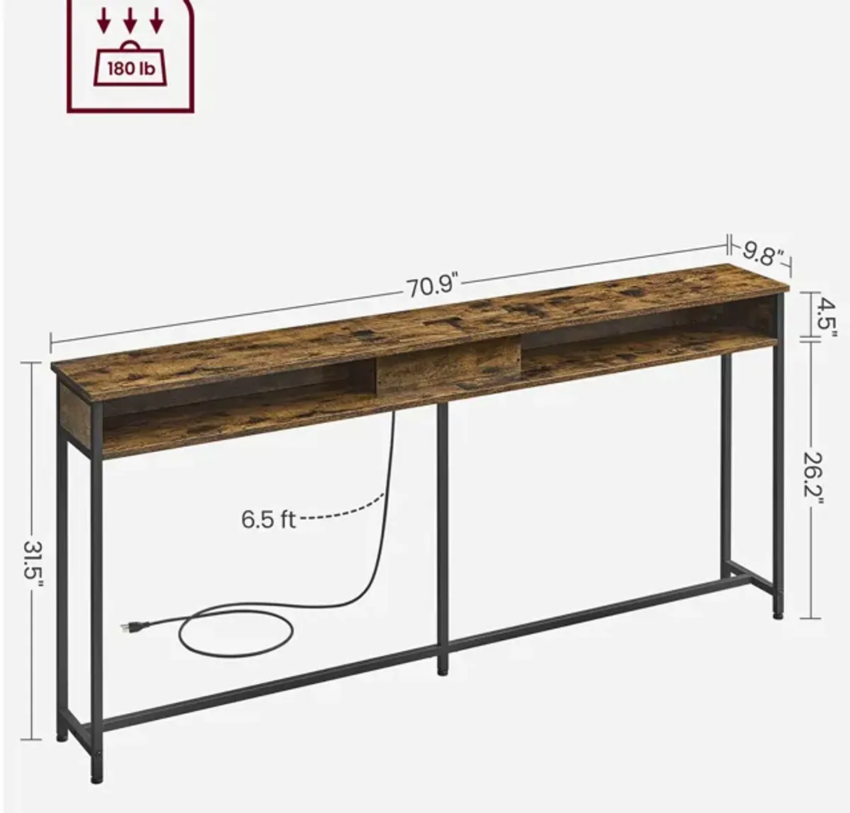 70 Inch Console Table with Outlet and Shelves