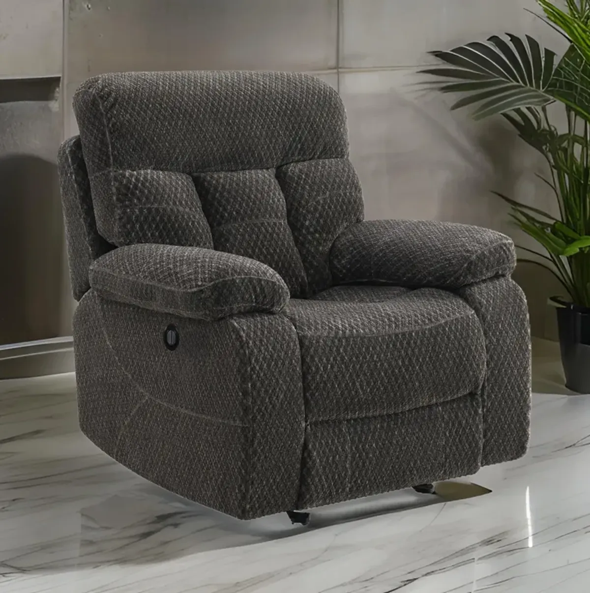 Charl 38 Inch Power Recliner Glider Chair, USB Charger, Dark Gray Polyester - Benzara