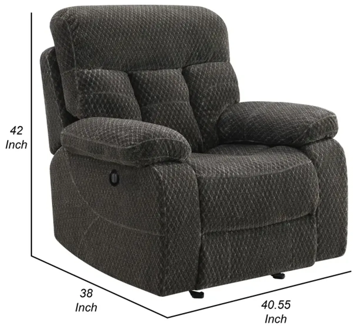 Charl 38 Inch Power Recliner Glider Chair, USB Charger, Dark Gray Polyester - Benzara