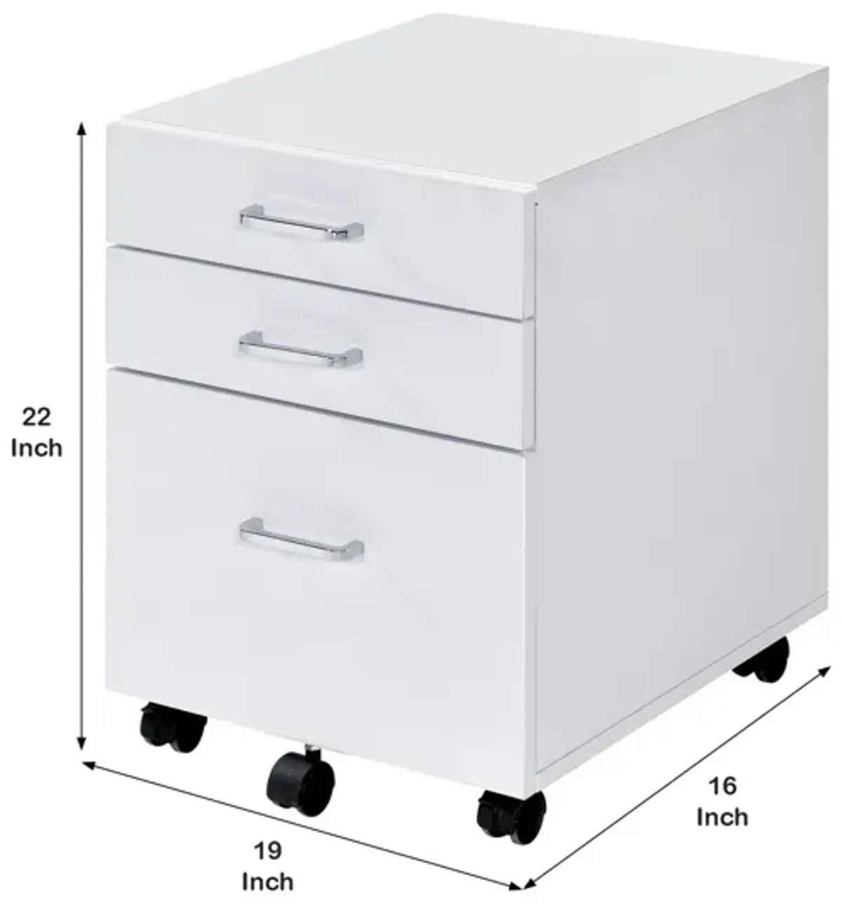 Cabinet with 3 Drawers and Wheels, White-Benzara