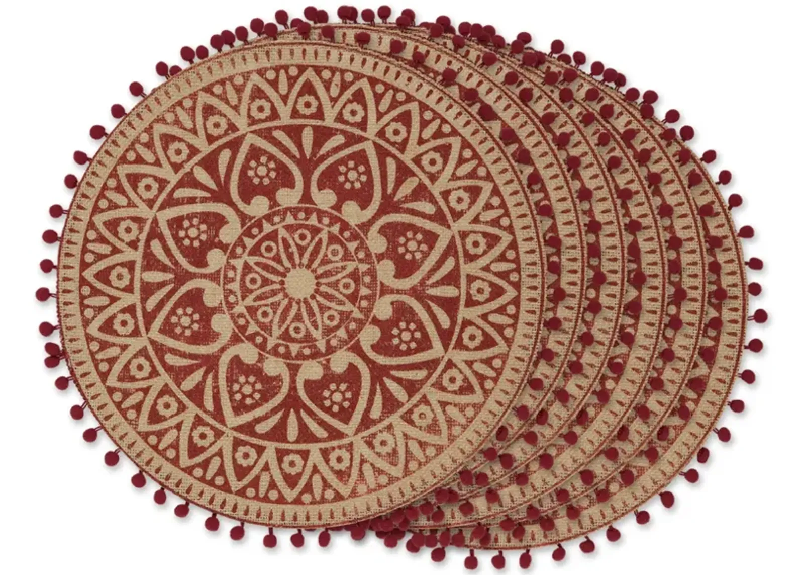 Set of 6 Red and Beige Block Print Round Outdoor Placemats 15"