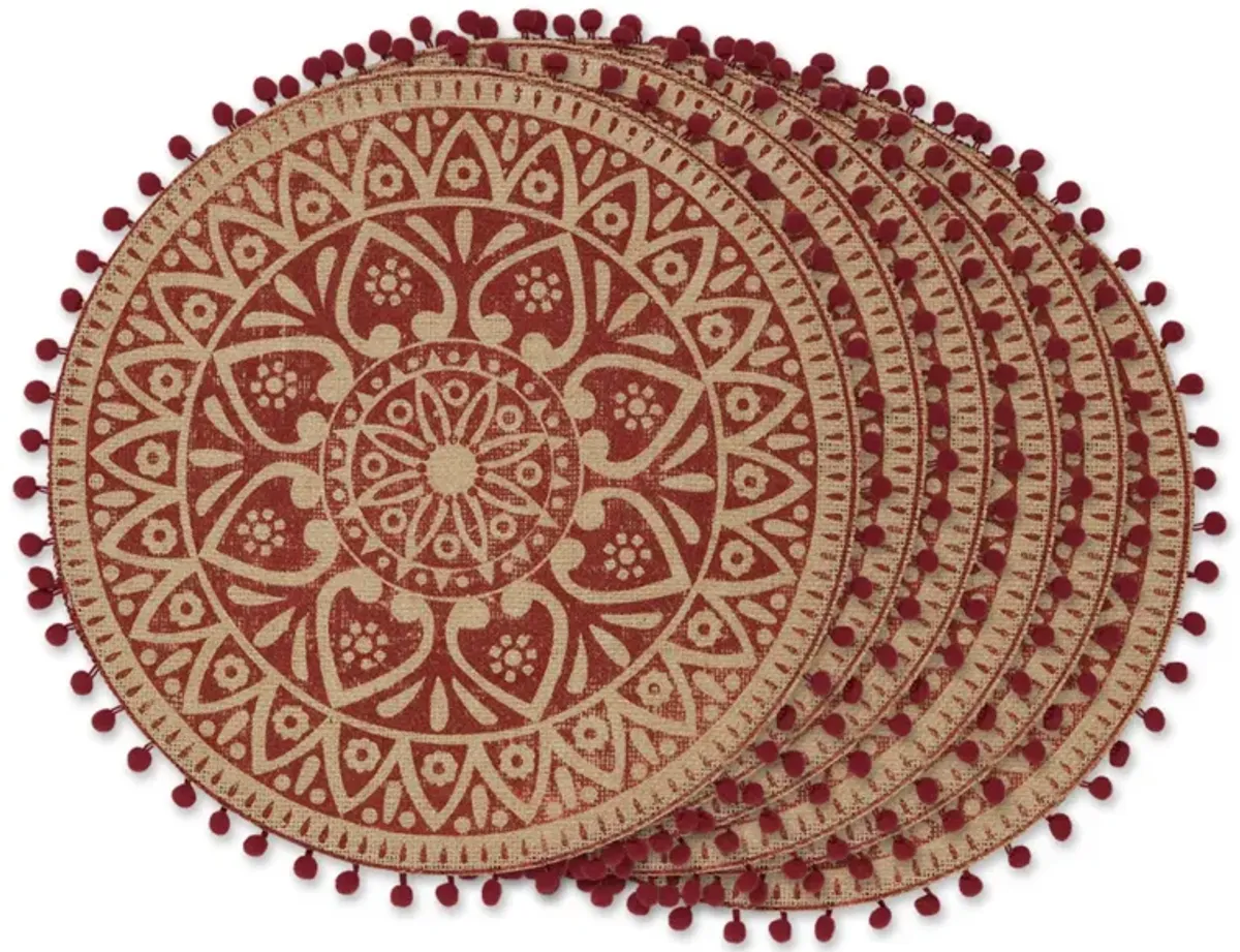 Set of 6 Red and Beige Block Print Round Outdoor Placemats 15"